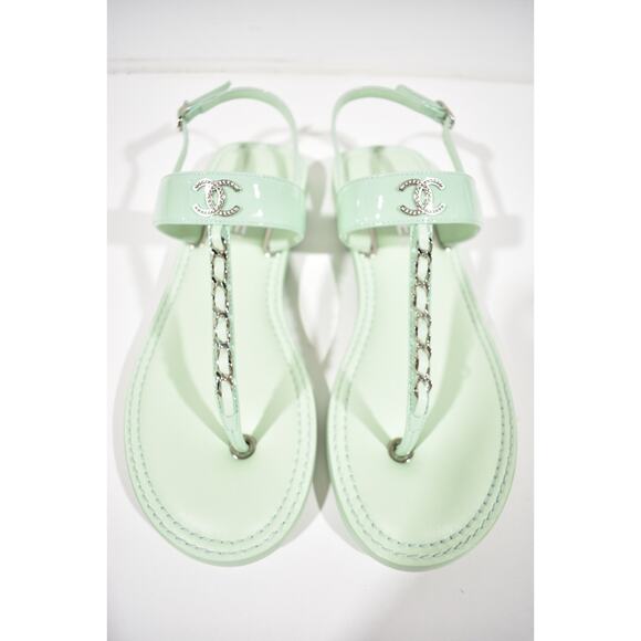 Chanel 22C Green Patent Silver Chain CC Logo Mule Slide Flat Thong Sandal 37 - Picture 4 of 12